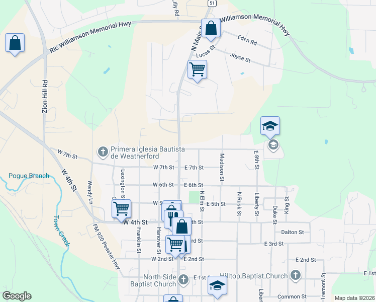 map of restaurants, bars, coffee shops, grocery stores, and more near 108 East 8th Street in Weatherford