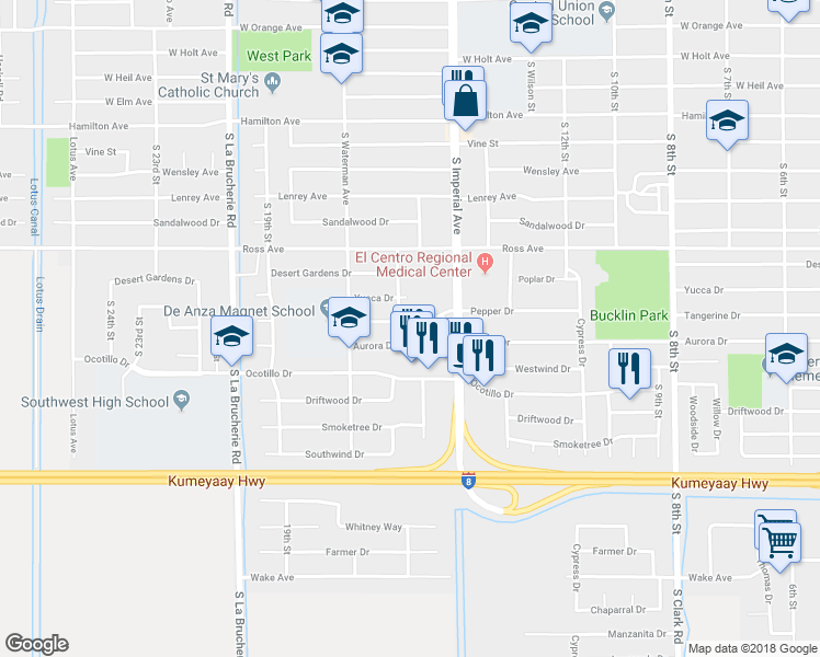 map of restaurants, bars, coffee shops, grocery stores, and more near 1581 Pepper Drive in El Centro