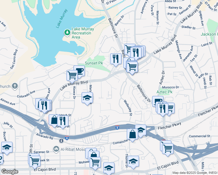 map of restaurants, bars, coffee shops, grocery stores, and more near 5560 Shasta Lane in La Mesa