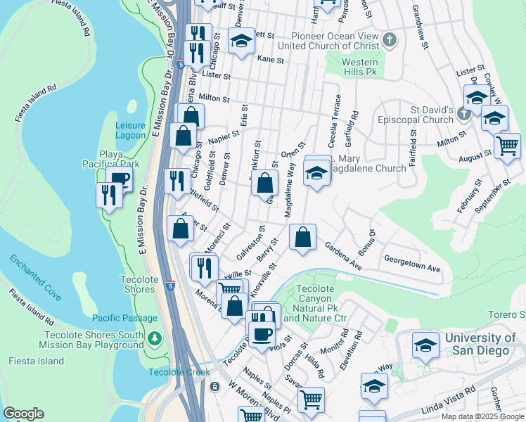 map of restaurants, bars, coffee shops, grocery stores, and more near 1826 Galveston Street in San Diego