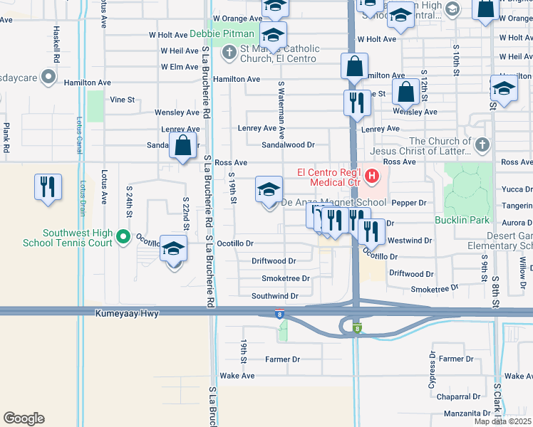 map of restaurants, bars, coffee shops, grocery stores, and more near 550 South Waterman Avenue in El Centro