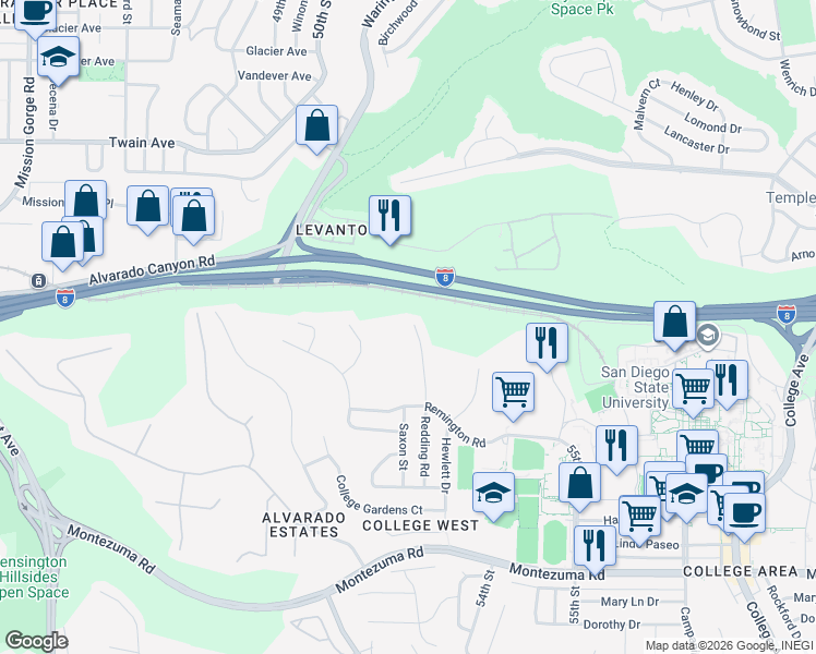 map of restaurants, bars, coffee shops, grocery stores, and more near 5491 Redding Road in San Diego