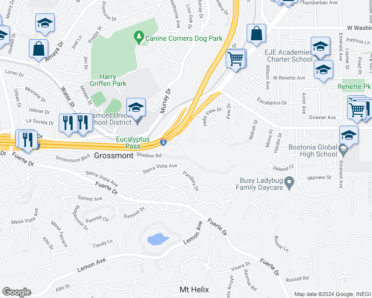 map of restaurants, bars, coffee shops, grocery stores, and more near 1351 Pine Drive in El Cajon
