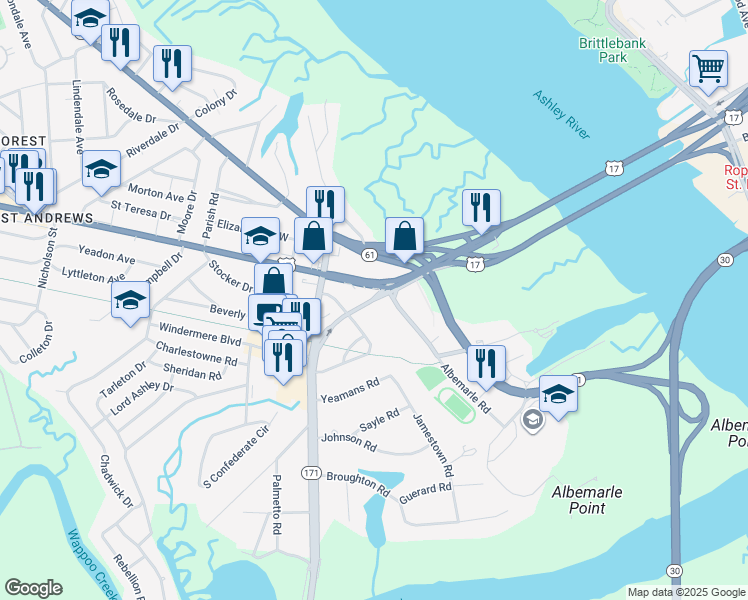 map of restaurants, bars, coffee shops, grocery stores, and more near 44 Folly Road in Charleston