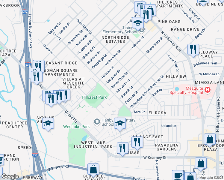 map of restaurants, bars, coffee shops, grocery stores, and more near 1319 Buena Vista Street in Mesquite