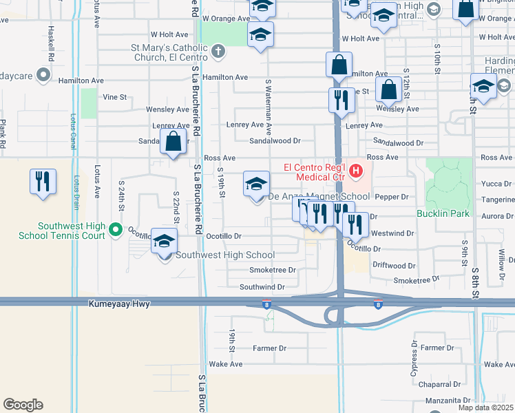 map of restaurants, bars, coffee shops, grocery stores, and more near 1530 South Waterman Avenue in El Centro