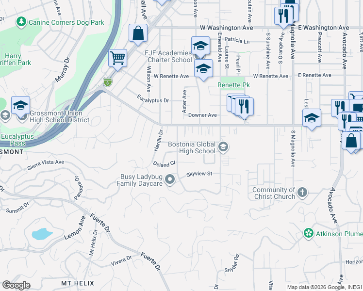 map of restaurants, bars, coffee shops, grocery stores, and more near 744 Laguna Avenue in El Cajon