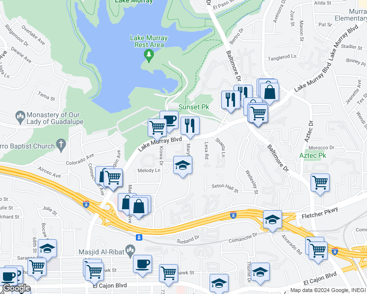 map of restaurants, bars, coffee shops, grocery stores, and more near 5424 Lake Murray Boulevard in La Mesa