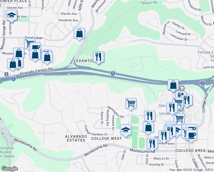 map of restaurants, bars, coffee shops, grocery stores, and more near 5491 Redding Road in San Diego