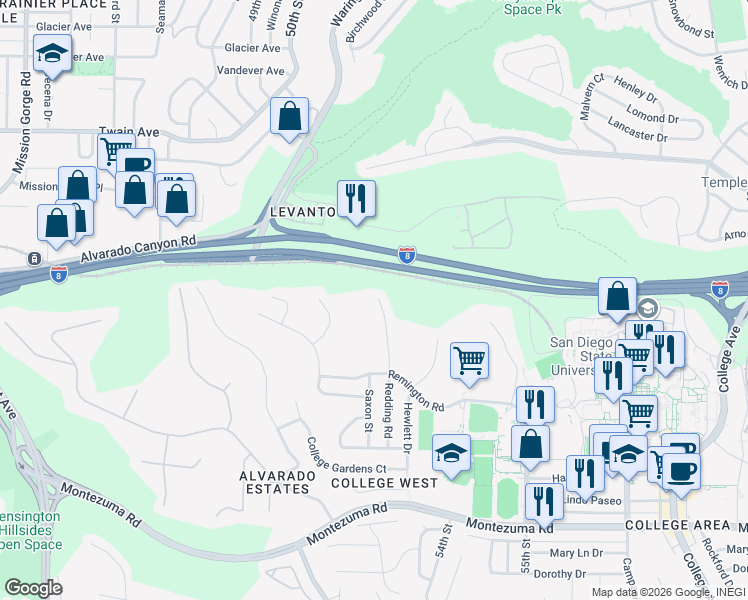 map of restaurants, bars, coffee shops, grocery stores, and more near 5491 Redding Road in San Diego