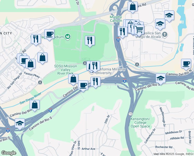 map of restaurants, bars, coffee shops, grocery stores, and more near 3590 Camino Del Rio North in San Diego