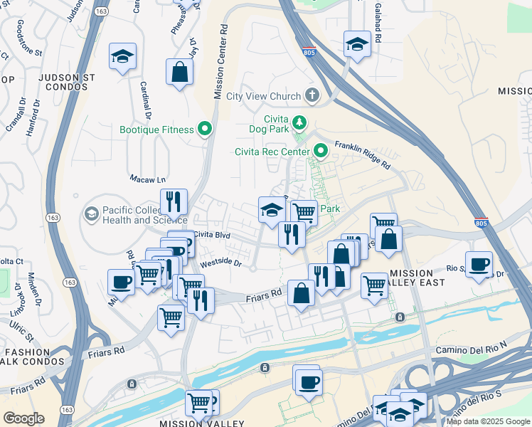 map of restaurants, bars, coffee shops, grocery stores, and more near 8301 Distinctive Drive in San Diego