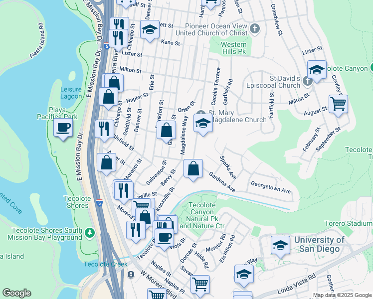 map of restaurants, bars, coffee shops, grocery stores, and more near 1872 Magdalene Way in San Diego