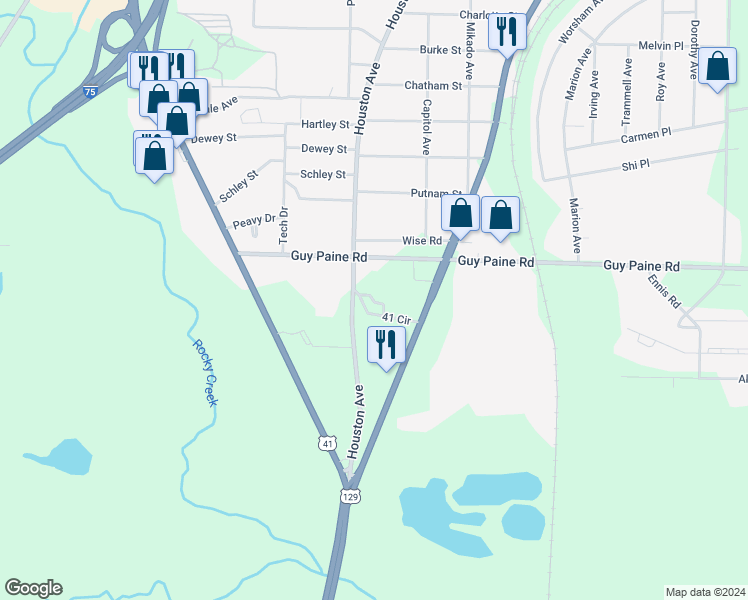 map of restaurants, bars, coffee shops, grocery stores, and more near 4536 Houston Avenue in Macon