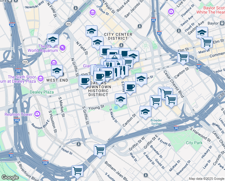 map of restaurants, bars, coffee shops, grocery stores, and more near in Dallas