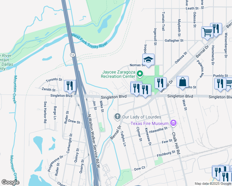 map of restaurants, bars, coffee shops, grocery stores, and more near 5519 Pueblo Street in Dallas