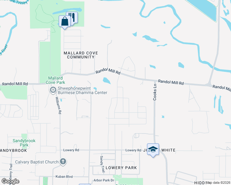 map of restaurants, bars, coffee shops, grocery stores, and more near 204 Ridgeland Oak Drive in Fort Worth