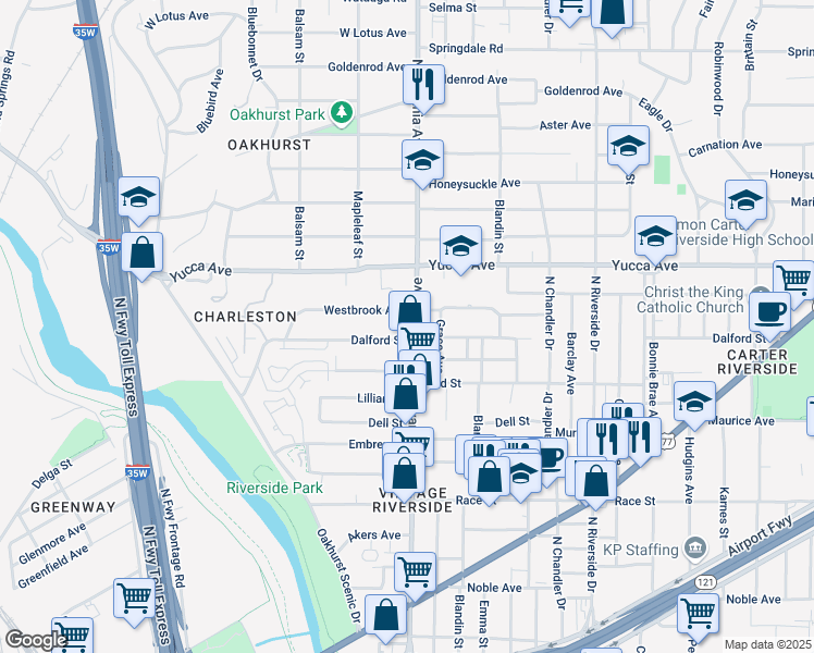map of restaurants, bars, coffee shops, grocery stores, and more near 2505 Westbrook Avenue in Fort Worth