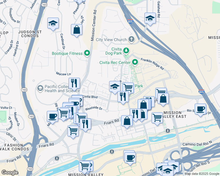 map of restaurants, bars, coffee shops, grocery stores, and more near 7786 Stylus Drive in San Diego