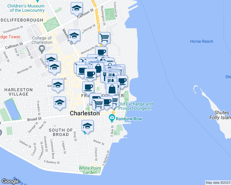 map of restaurants, bars, coffee shops, grocery stores, and more near 191 East Bay Street in Charleston