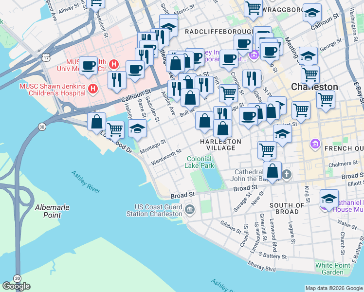 map of restaurants, bars, coffee shops, grocery stores, and more near 53 Montagu Street in Charleston