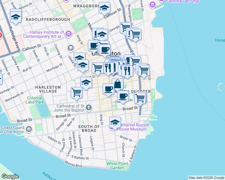 map of restaurants, bars, coffee shops, grocery stores, and more near 150 Meeting Street in Charleston
