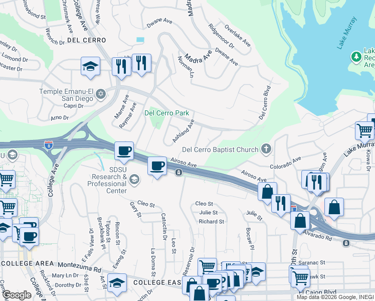 map of restaurants, bars, coffee shops, grocery stores, and more near 5634 Regis Avenue in San Diego