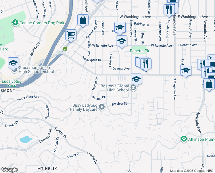 map of restaurants, bars, coffee shops, grocery stores, and more near 797 Laguna Avenue in El Cajon