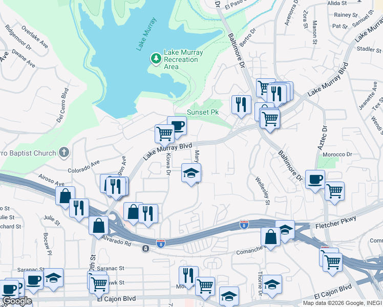 map of restaurants, bars, coffee shops, grocery stores, and more near 5423 Lake Murray Boulevard in La Mesa
