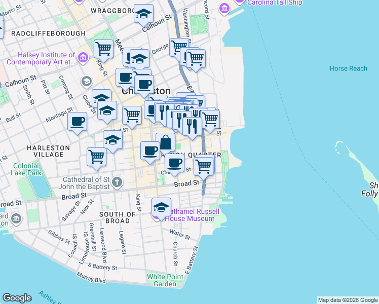 map of restaurants, bars, coffee shops, grocery stores, and more near 154 Church Street in Charleston