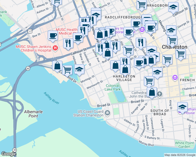 map of restaurants, bars, coffee shops, grocery stores, and more near 53 Montagu Street in Charleston