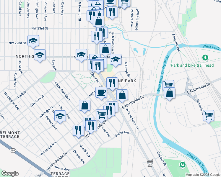 map of restaurants, bars, coffee shops, grocery stores, and more near 1417 North Commerce Street in Fort Worth