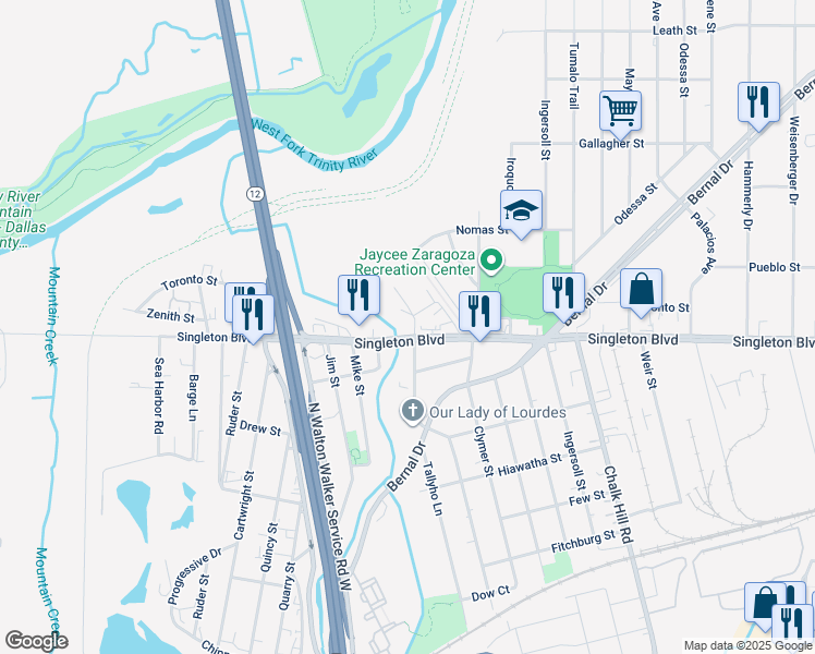map of restaurants, bars, coffee shops, grocery stores, and more near 5519 Pueblo Street in Dallas