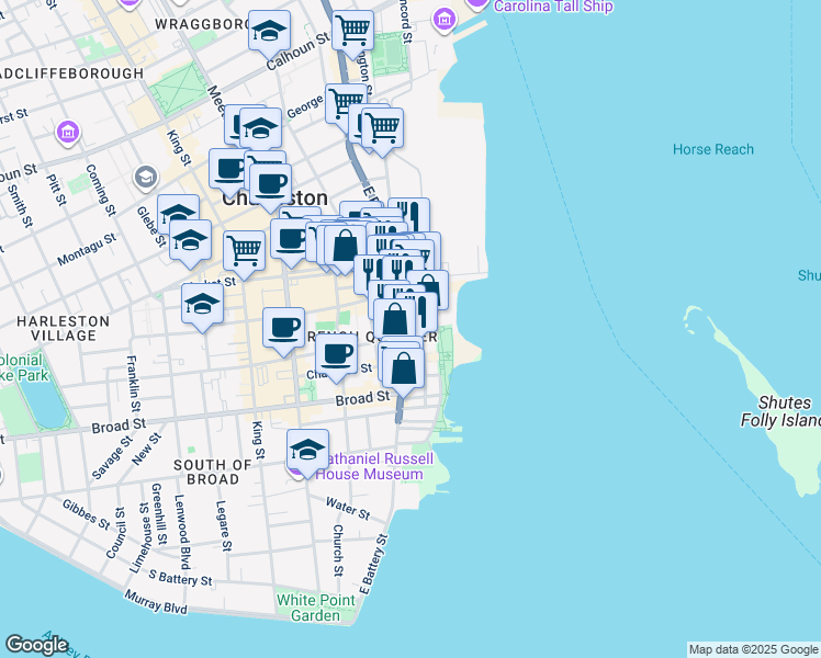 map of restaurants, bars, coffee shops, grocery stores, and more near 2 Vendue Range Street in Charleston