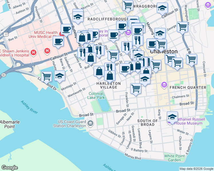 map of restaurants, bars, coffee shops, grocery stores, and more near 102 Beaufain Street in Charleston