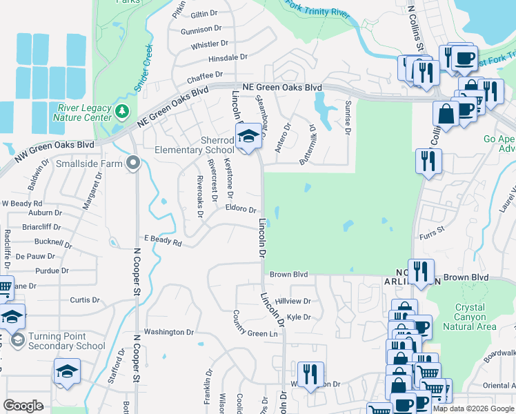 map of restaurants, bars, coffee shops, grocery stores, and more near 607 Eldoro Drive in Arlington
