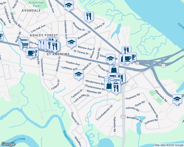 map of restaurants, bars, coffee shops, grocery stores, and more near 54 Beverly Road in Charleston