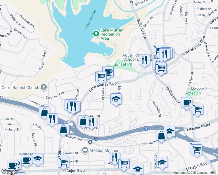 map of restaurants, bars, coffee shops, grocery stores, and more near 5415 Lake Murray Boulevard in La Mesa