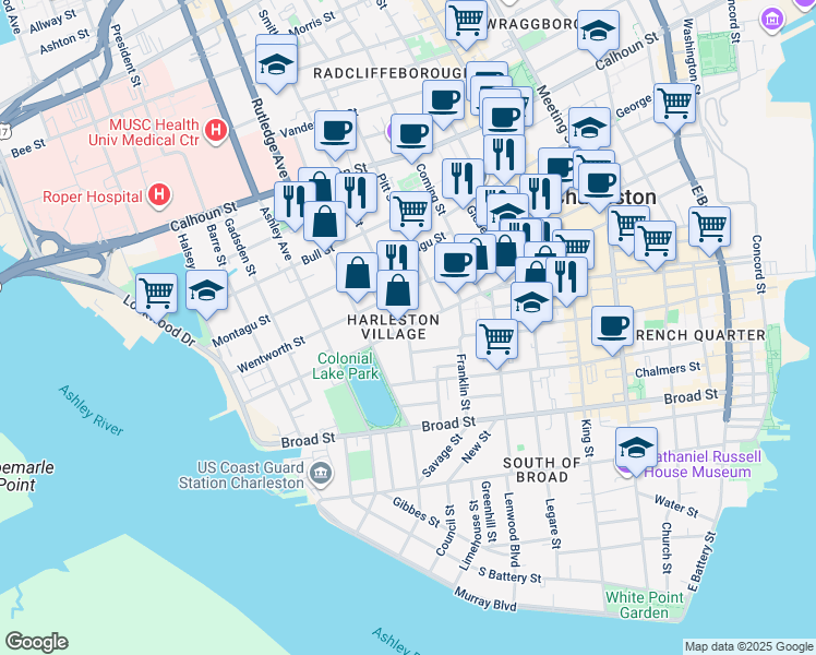 map of restaurants, bars, coffee shops, grocery stores, and more near 94 Beaufain Street in Charleston
