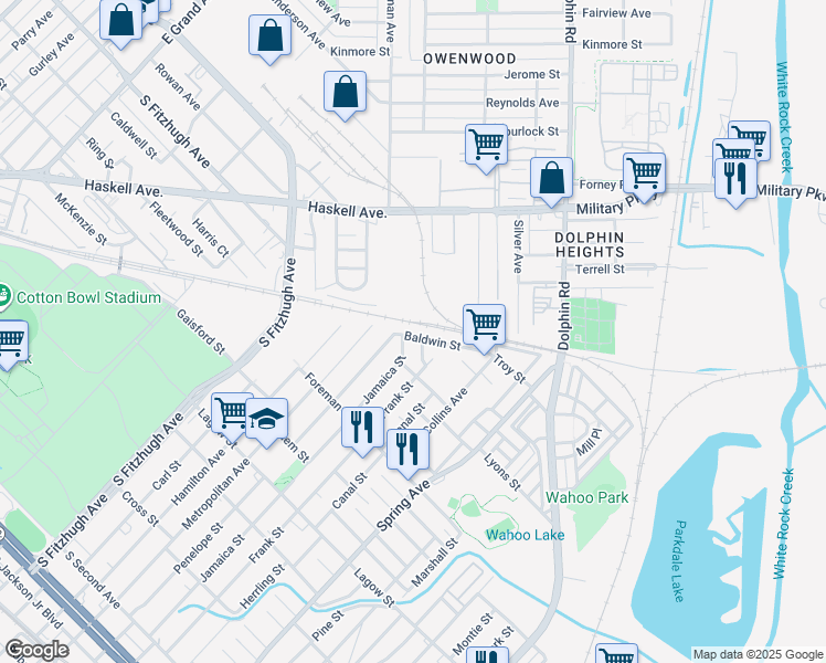 map of restaurants, bars, coffee shops, grocery stores, and more near 4723 Baldwin Street in Dallas