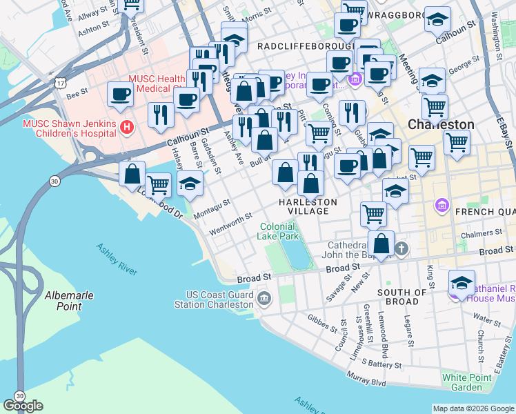 map of restaurants, bars, coffee shops, grocery stores, and more near 81 Ashley Avenue in Charleston