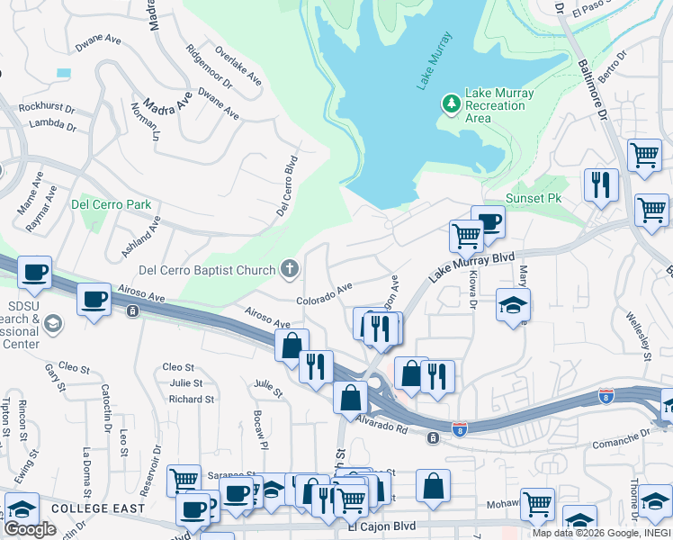 map of restaurants, bars, coffee shops, grocery stores, and more near 6929 Wyoming Avenue in La Mesa