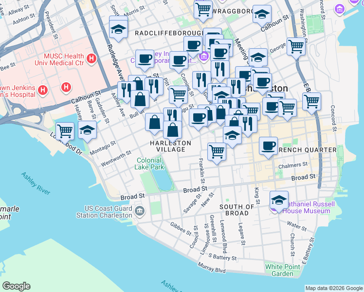 map of restaurants, bars, coffee shops, grocery stores, and more near 93 Beaufain Street in Charleston