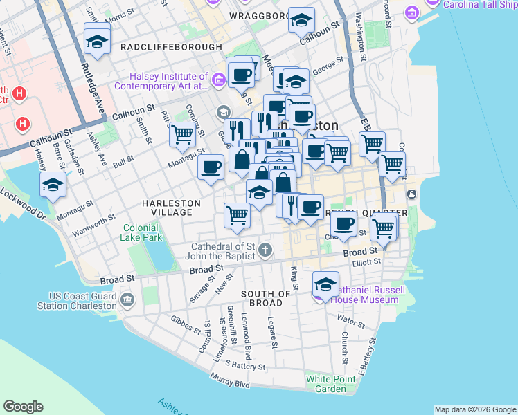 map of restaurants, bars, coffee shops, grocery stores, and more near 29 Archdale Street in Charleston