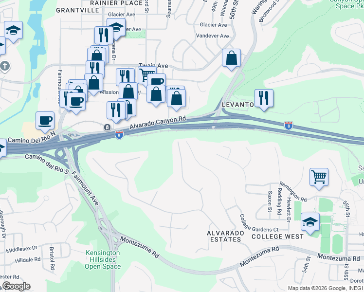map of restaurants, bars, coffee shops, grocery stores, and more near 5665 Toyon Road in San Diego