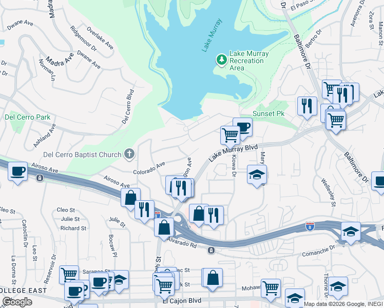 map of restaurants, bars, coffee shops, grocery stores, and more near 7014 Colorado Avenue in La Mesa