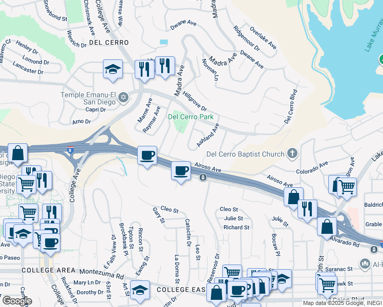 map of restaurants, bars, coffee shops, grocery stores, and more near 5618 Meredith Avenue in San Diego