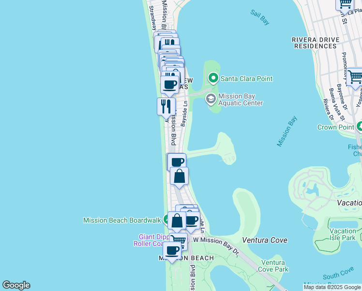 map of restaurants, bars, coffee shops, grocery stores, and more near 3578 Bayside Lane in San Diego