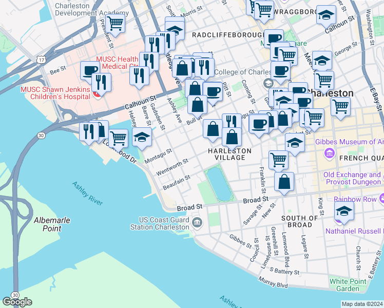 map of restaurants, bars, coffee shops, grocery stores, and more near 53 Montagu Street in Charleston