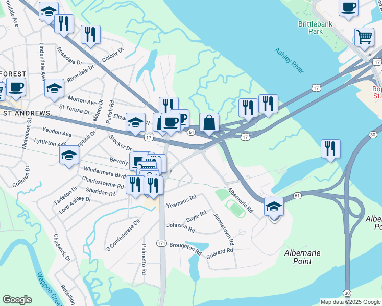 map of restaurants, bars, coffee shops, grocery stores, and more near 44 Folly Road in Charleston